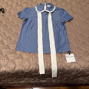 RED Valentino Blue and White Striped Kids Blouse